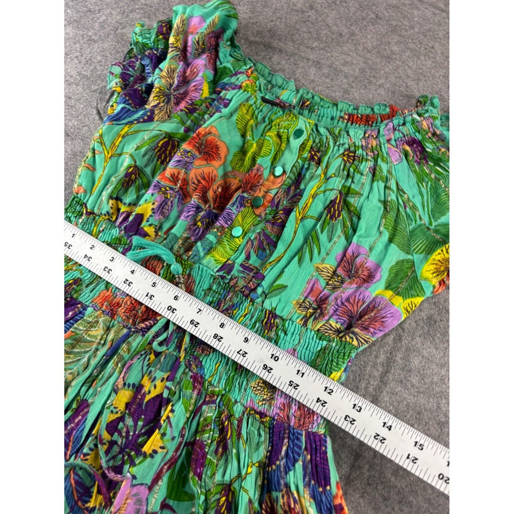 Me 2 Magic Floral Maxi Dress Green Tropical Gold Metallic Boho Smocked Womens S - Picture 5 of 7